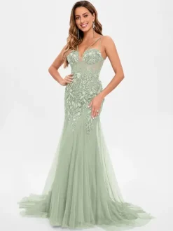 Prom Dress Tulle Strapless Mermaid Sleeveless Sequins Party Dresses