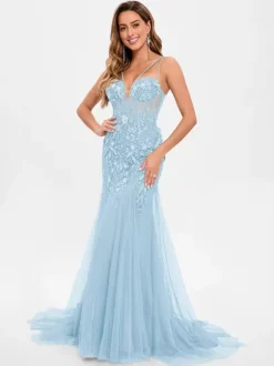 Prom Dress Tulle Strapless Mermaid Sleeveless Sequins Party Dresses