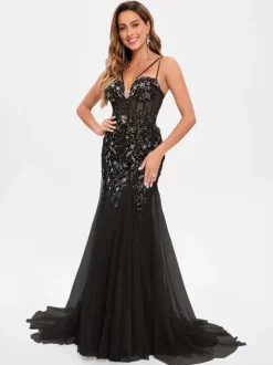 Prom Dress Tulle Strapless Mermaid Sleeveless Sequins Party Dresses