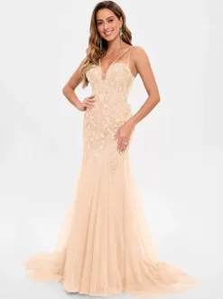 Prom Dress Tulle Strapless Mermaid Sleeveless Sequins Party Dresses