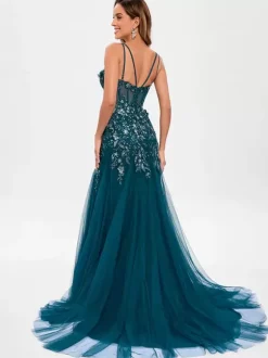 Prom Dress Tulle Strapless Mermaid Sleeveless Sequins Party Dresses