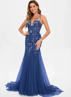 Prom Dress Tulle Strapless Mermaid Sleeveless Sequins Party Dresses