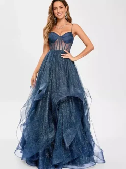 Prom Dress Tulle V-Neck Princess Silhouette Sleeveless Wedding Guest Dresses