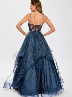 Prom Dress Tulle V-Neck Princess Silhouette Sleeveless Wedding Guest Dresses