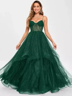 Prom Dress Tulle V-Neck Princess Silhouette Sleeveless Wedding Guest Dresses