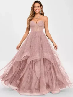 Prom Dress Tulle V-Neck Princess Silhouette Sleeveless Wedding Guest Dresses