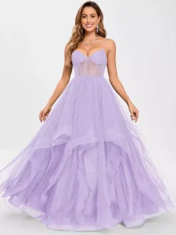 Prom Dress Tulle V-Neck Princess Silhouette Sleeveless Wedding Guest Dresses