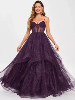 Prom Dress Tulle V-Neck Princess Silhouette Sleeveless Wedding Guest Dresses