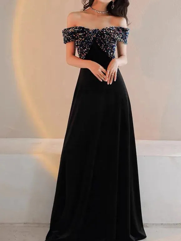Prom Dress 2026 A-Line Bateau Neck Velour Floor-Length Sequins Formal Party Dresses Wedding Guest Dresses Free Customization