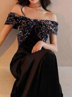 Prom Dress 2026 A-Line Bateau Neck Velour Floor-Length Sequins Formal Party Dresses Wedding Guest Dresses Free Customization