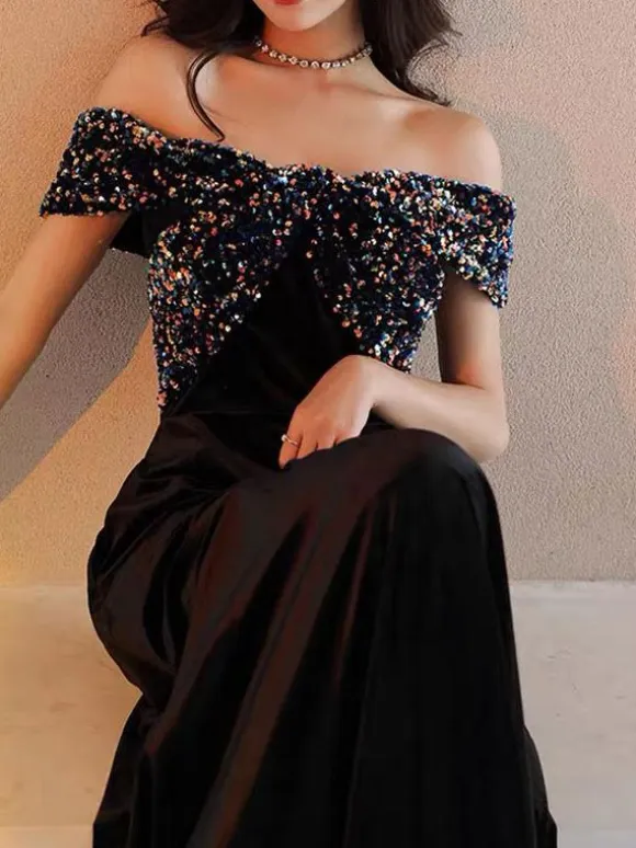 Prom Dress 2026 A-Line Bateau Neck Velour Floor-Length Sequins Formal Party Dresses Wedding Guest Dresses Free Customization