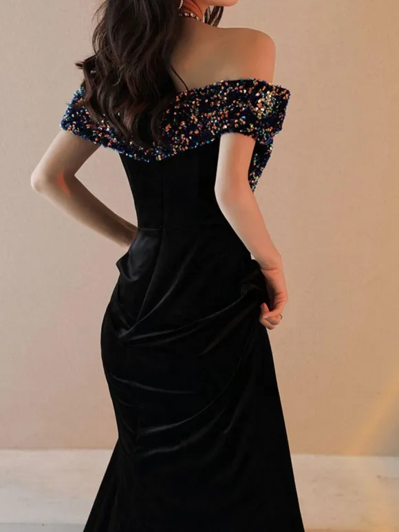 Prom Dress 2026 A-Line Bateau Neck Velour Floor-Length Sequins Formal Party Dresses Wedding Guest Dresses Free Customization