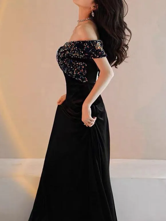 Prom Dress 2026 A-Line Bateau Neck Velour Floor-Length Sequins Formal Party Dresses Wedding Guest Dresses Free Customization