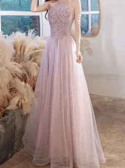 Prom Dress A-Line Halter Lace Sleeveless Pageant Dresses