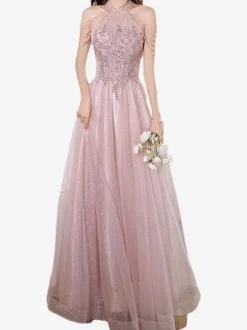 Prom Dress A-Line Halter Lace Sleeveless Pageant Dresses