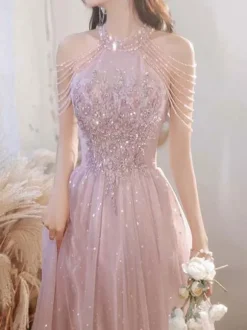 Prom Dress A-Line Halter Lace Sleeveless Pageant Dresses