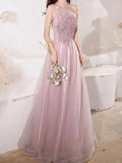 Prom Dress A-Line Halter Lace Sleeveless Pageant Dresses