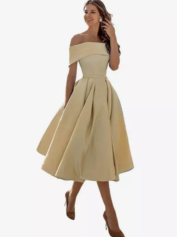 Prom Dress A-Line Off-The-Shoulder Satin Fabric Tea-Length Formal Party Dresses