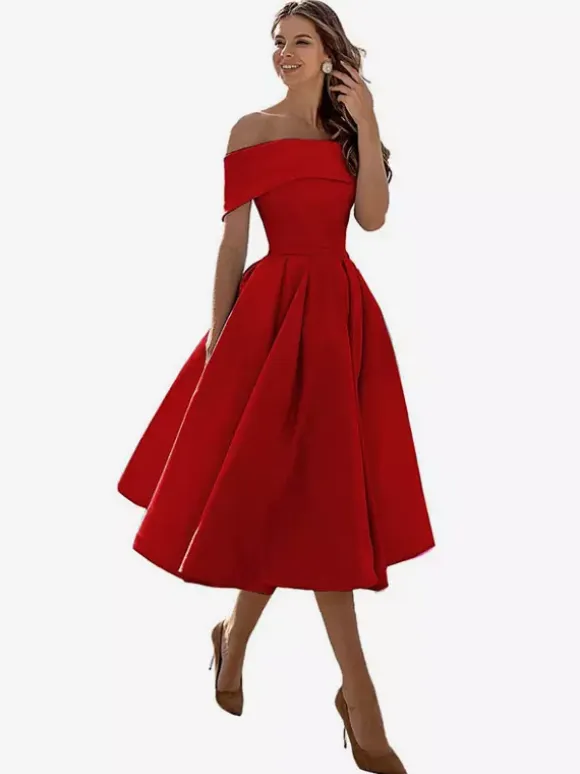 Prom Dress A-Line Off-The-Shoulder Satin Fabric Tea-Length Formal Party Dresses