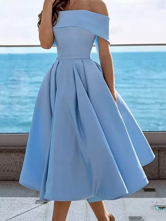 Prom Dress A-Line Off-The-Shoulder Satin Fabric Tea-Length Formal Party Dresses