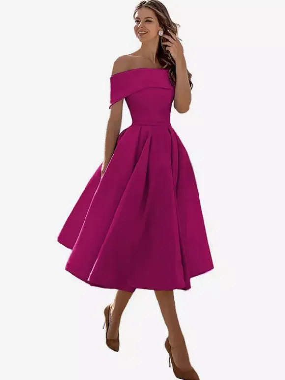 Prom Dress A-Line Off-The-Shoulder Satin Fabric Tea-Length Formal Party Dresses