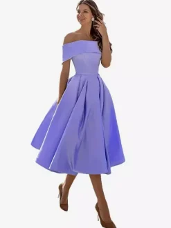 Prom Dress A-Line Off-The-Shoulder Satin Fabric Tea-Length Formal Party Dresses