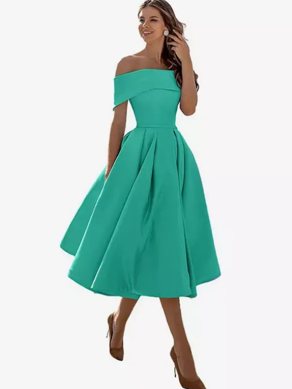 Prom Dress A-Line Off-The-Shoulder Satin Fabric Tea-Length Formal Party Dresses