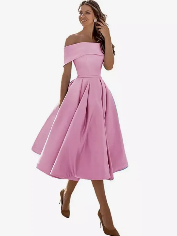 Prom Dress A-Line Off-The-Shoulder Satin Fabric Tea-Length Formal Party Dresses