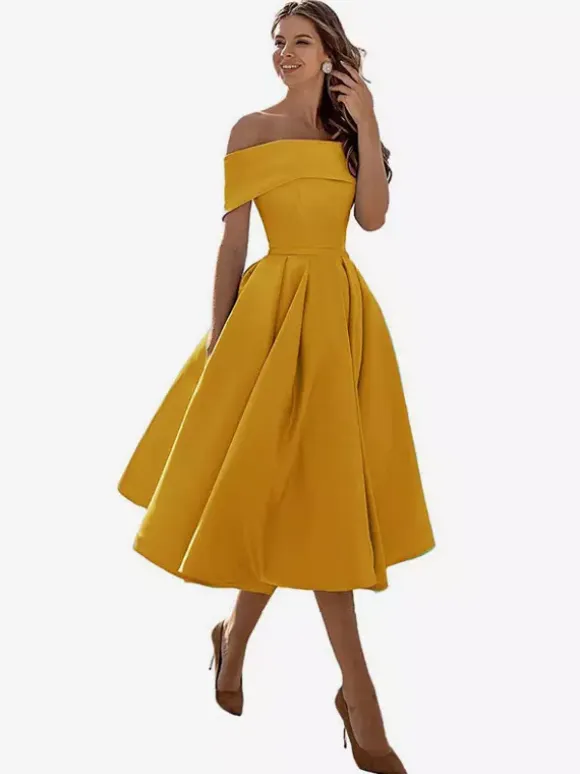 Prom Dress A-Line Off-The-Shoulder Satin Fabric Tea-Length Formal Party Dresses