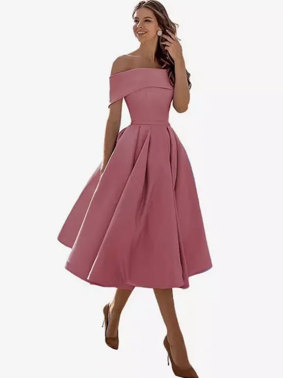 Prom Dress A-Line Off-The-Shoulder Satin Fabric Tea-Length Formal Party Dresses