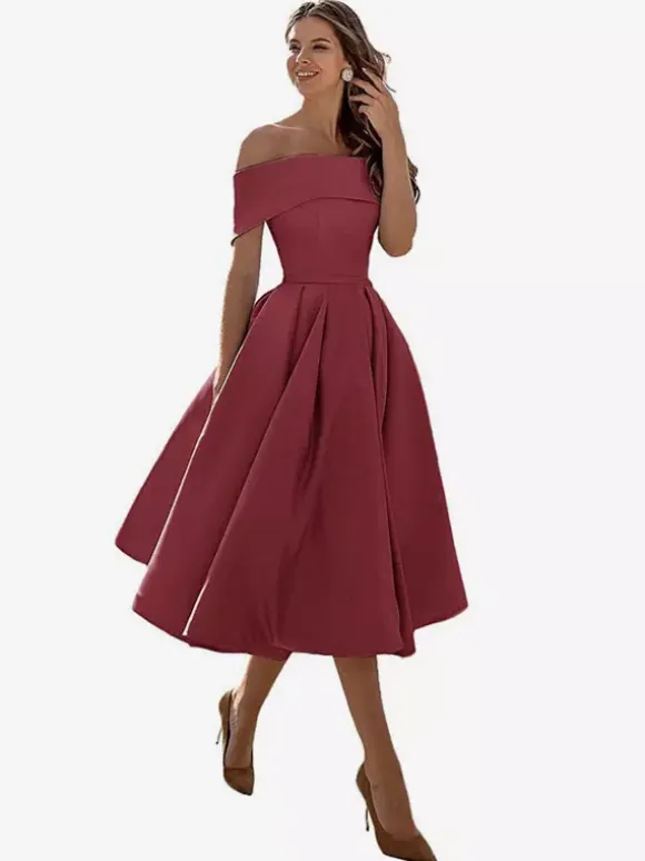 Prom Dress A-Line Off-The-Shoulder Satin Fabric Tea-Length Formal Party Dresses