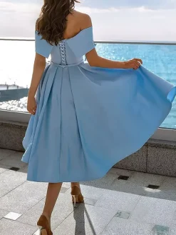 Prom Dress A-Line Off-The-Shoulder Satin Fabric Tea-Length Formal Party Dresses