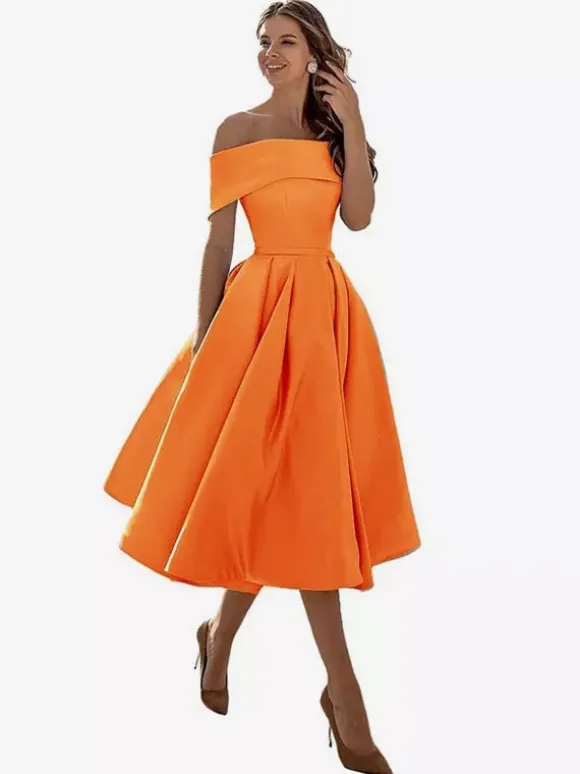 Prom Dress A-Line Off-The-Shoulder Satin Fabric Tea-Length Formal Party Dresses