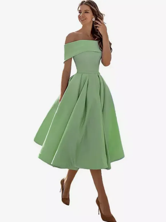 Prom Dress A-Line Off-The-Shoulder Satin Fabric Tea-Length Formal Party Dresses