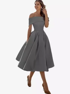 Prom Dress A-Line Off-The-Shoulder Satin Fabric Tea-Length Formal Party Dresses