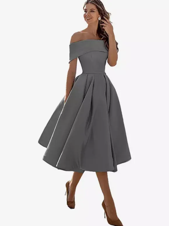 Prom Dress A-Line Off-The-Shoulder Satin Fabric Tea-Length Formal Party Dresses