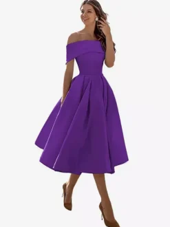Prom Dress A-Line Off-The-Shoulder Satin Fabric Tea-Length Formal Party Dresses