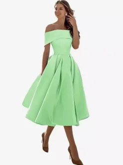 Prom Dress A-Line Off-The-Shoulder Satin Fabric Tea-Length Formal Party Dresses