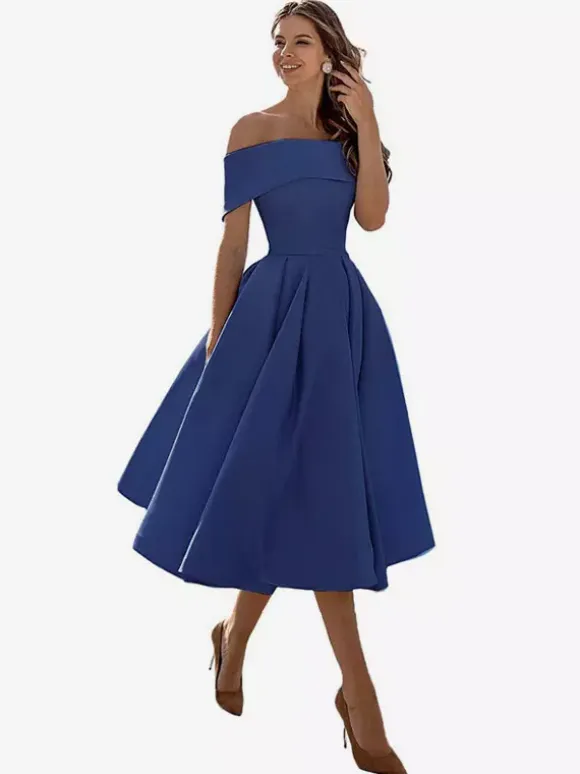 Prom Dress A-Line Off-The-Shoulder Satin Fabric Tea-Length Formal Party Dresses