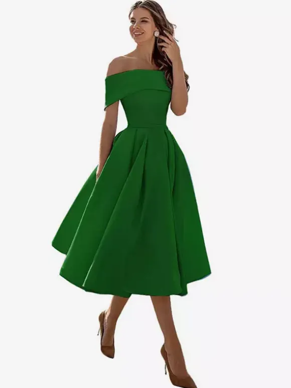 Prom Dress A-Line Off-The-Shoulder Satin Fabric Tea-Length Formal Party Dresses