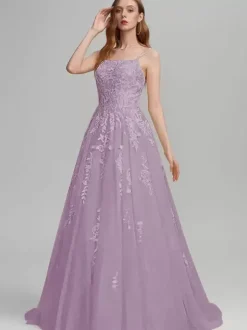 Prom Dress A-Line Square Neck Lace Sleeveless Lace Wedding Guest Dresses