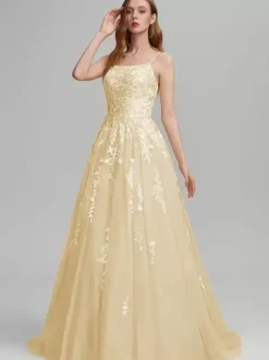 Prom Dress A-Line Square Neck Lace Sleeveless Lace Wedding Guest Dresses