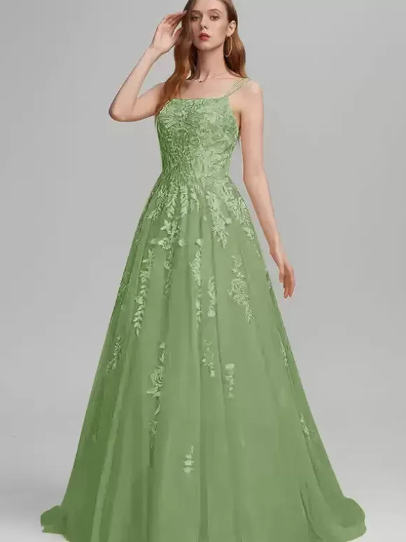 Prom Dress A-Line Square Neck Lace Sleeveless Lace Wedding Guest Dresses