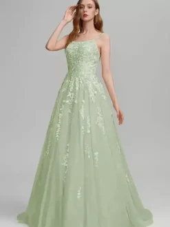 Prom Dress A-Line Square Neck Lace Sleeveless Lace Wedding Guest Dresses