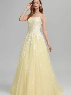 Prom Dress A-Line Square Neck Lace Sleeveless Lace Wedding Guest Dresses