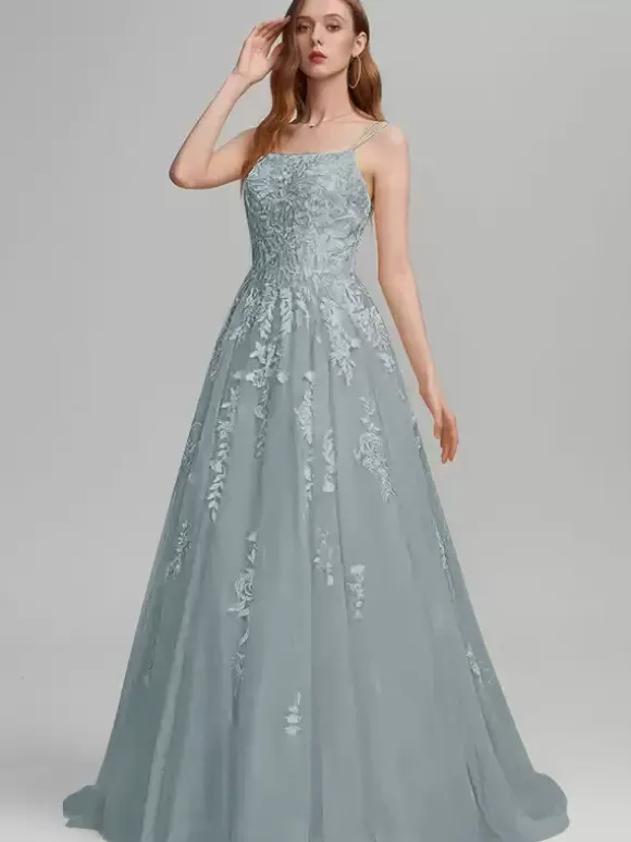 Prom Dress A-Line Square Neck Lace Sleeveless Lace Wedding Guest Dresses