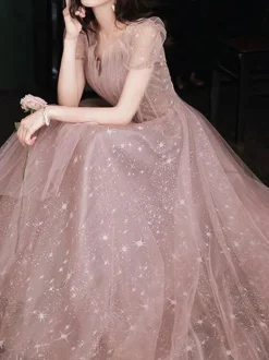 Prom Dress A-Line Strapless Lace Short Sleeves Party Dresses