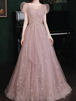 Prom Dress A-Line Strapless Lace Short Sleeves Party Dresses
