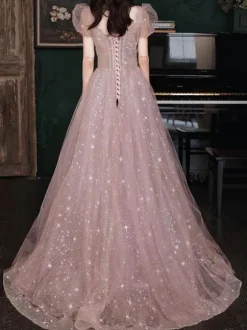 Prom Dress A-Line Strapless Lace Short Sleeves Party Dresses
