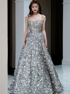 Prom Dress A-Line Strapless Sequined Sleeveless Beaded Party Dresses